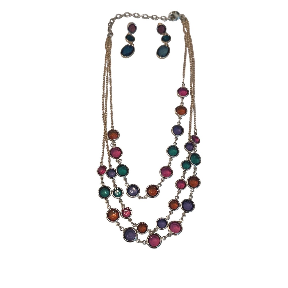 Multicolor Gemstone Statement Necklace & Earrings Set Jewel Tone Bib Necklace